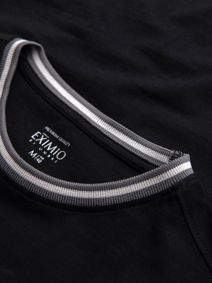 Men's cotton longsleeve with striped U neckline and embroidery - black V4 OM-LSCL-0128