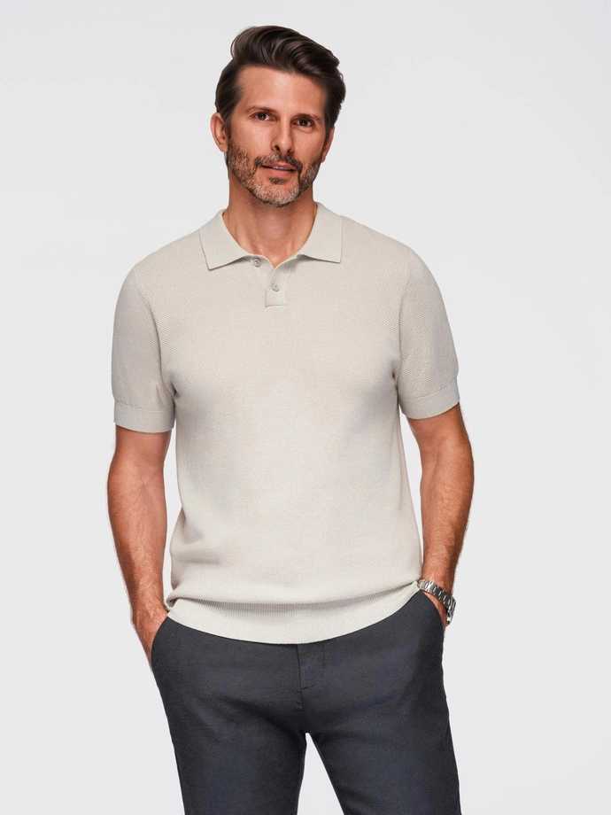 Men's cotton structured knit polo shirt - beige V6 OM-POSS-0117