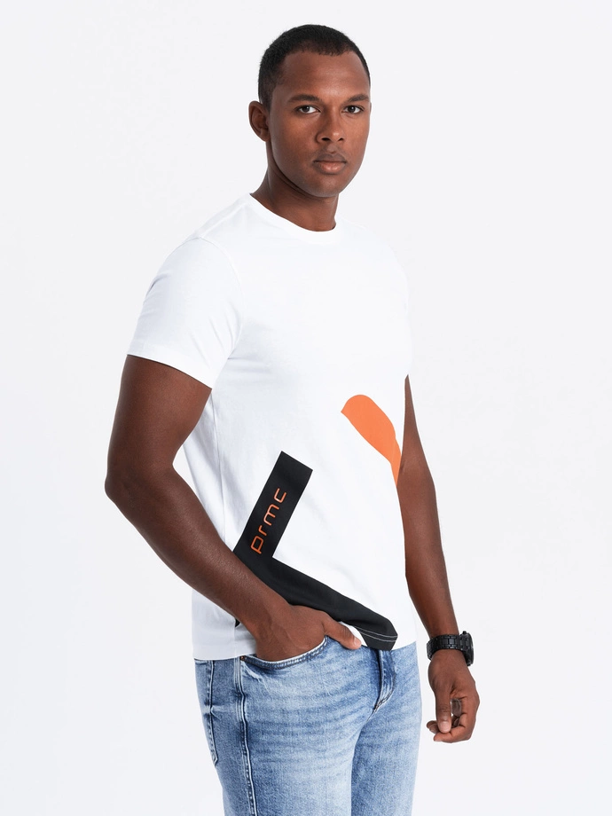 Men's cotton t-shirt with contrasting two-tone print - white V2 OM-TSPT-0219