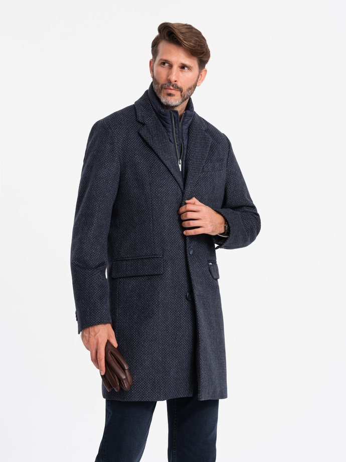 Unzipped men's wool coat - navy blue V1 OM-COWC-0121