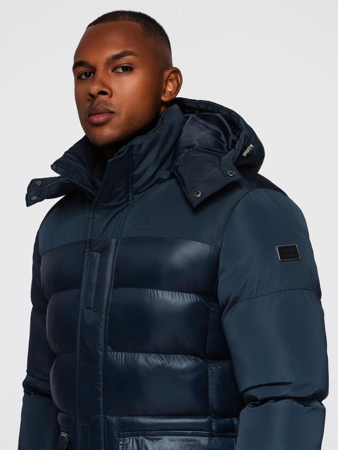 Vyriška dygsniuota kombinuotos medžiagos striukė su gobtuvu - tamsiai mėlyna V3 OM-JALJ-0266