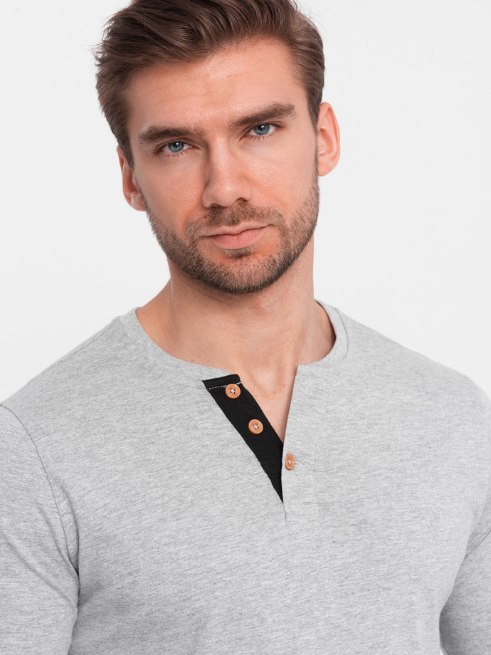 Men's longsleeve with buttons at the neckline - grey melange V8 OM-LSCL-0107