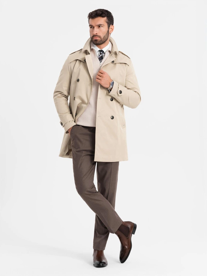 Elegant men's SLIM FIT trench coat with belt - beige V1 OM-COSC-0126