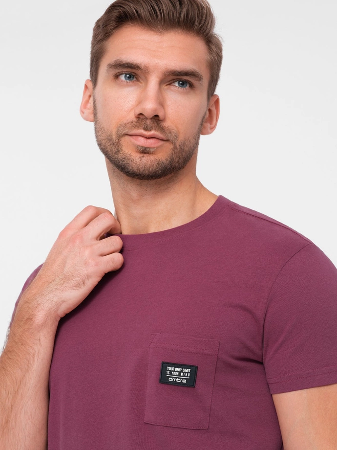 Men's casual t-shirt with patch pocket - dark pink V5 OM-TSCT-0109