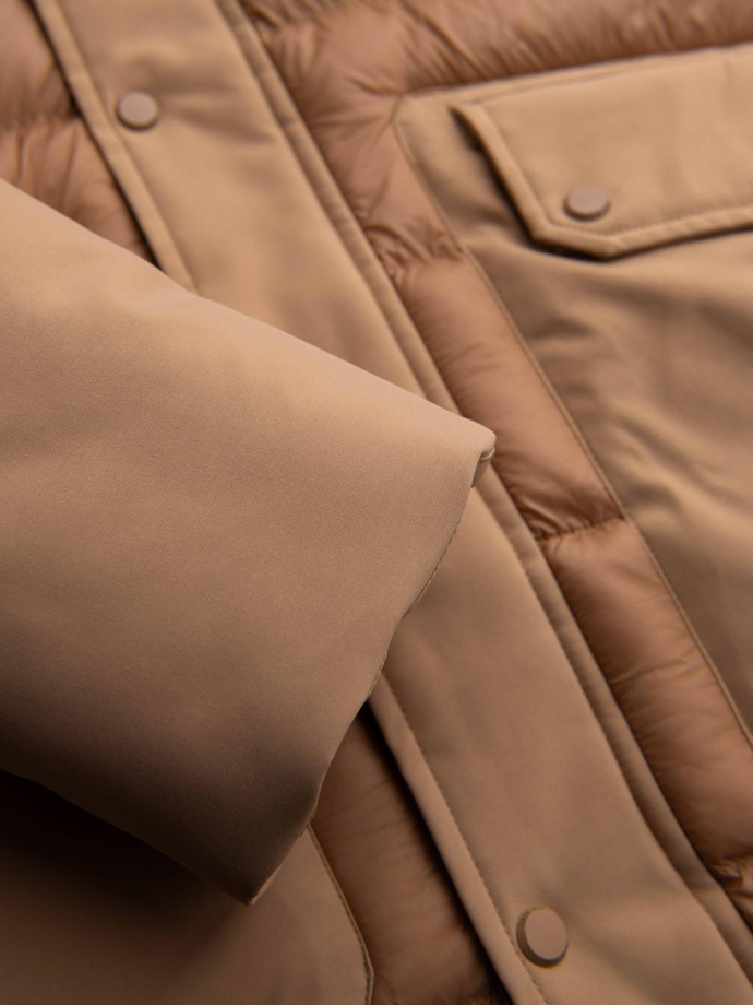 Vyriška ilga dygsniuota striukė su didelėmis kišenėmis - smėlio spalvos V2 OM-JALJ-0308