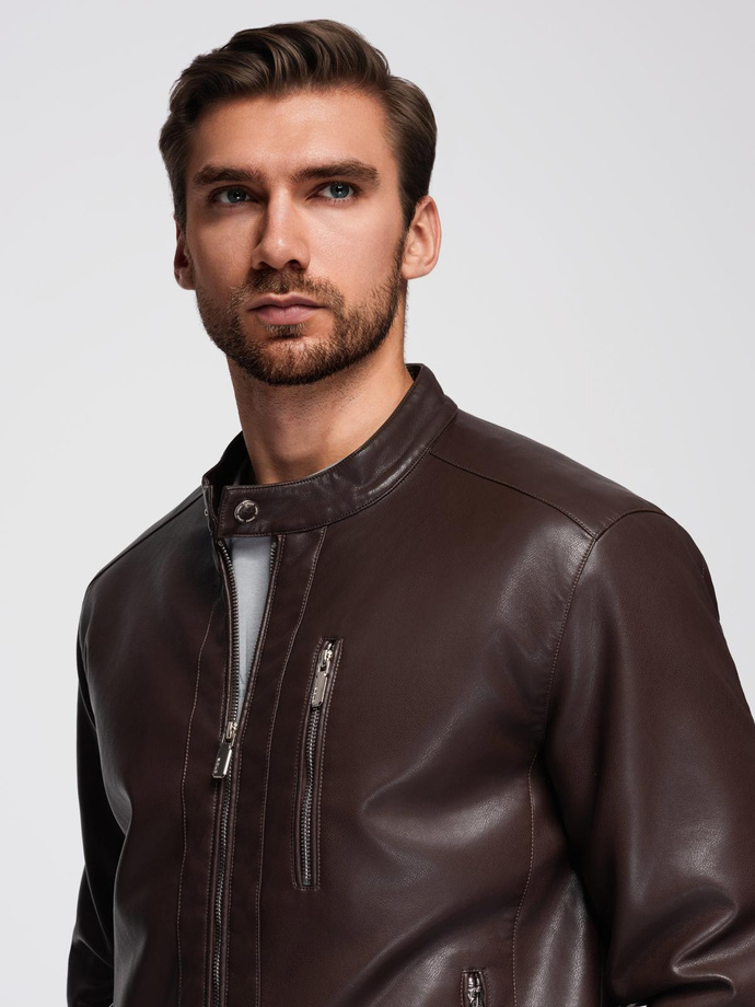 Men's imitation leather jacket with ribbed hem - dark brown V1 OM-JAFL-0109