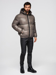Warm men's puffer jacket with welts - dark beige V3 OM-JAHP-0207