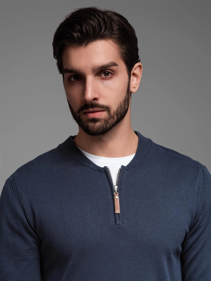 Men's sweater with viscose and spread neckline - navy blue V4 OM-SWZS-0124