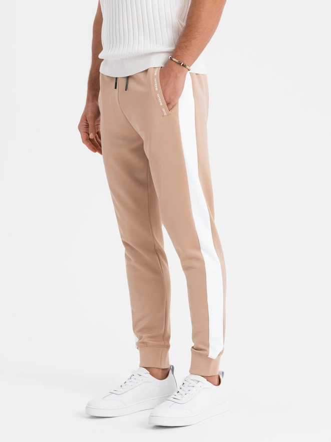 Men's sweatpants joggers with contrasting stripes - beige V4 OM-PASK-0229