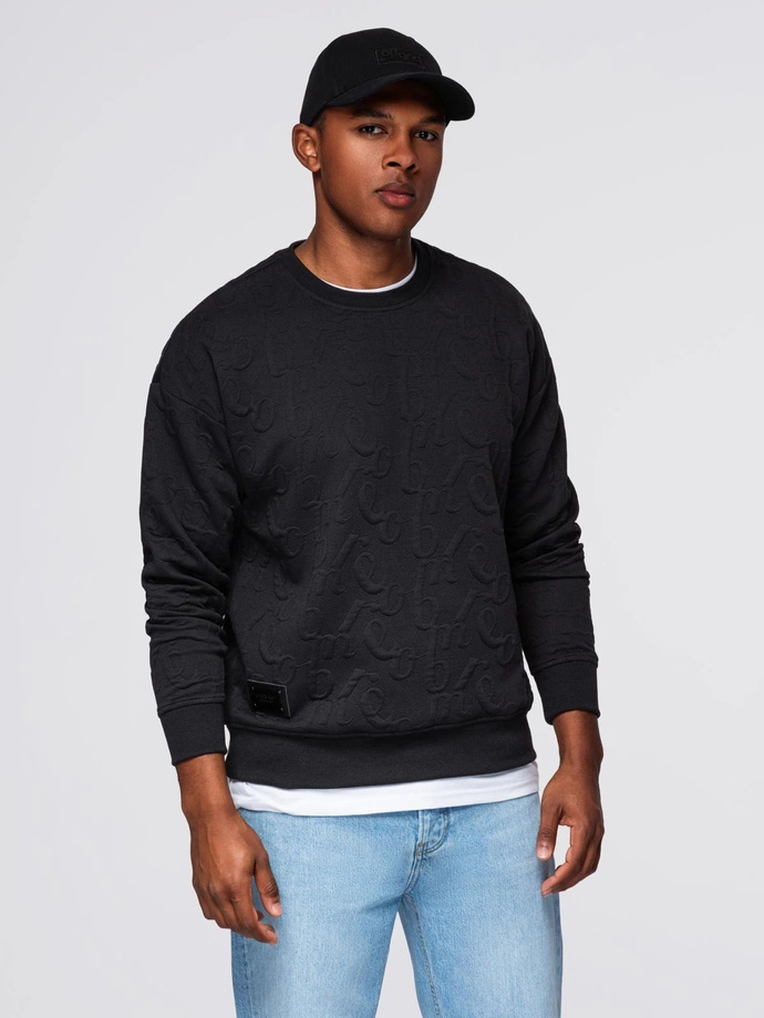 Vyriškas džemperis RELAXED FIT su įspaustais užrašais - juodas V1 OM-SSNZ-0164