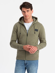 Unzipped men's sweatshirt with hood and patch - olive V4 OM-SSZP-0140