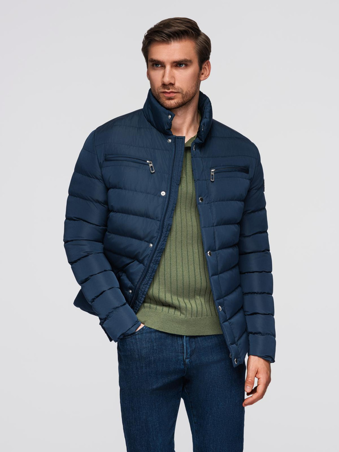 Men's quilted jacket with stand-up collar and chest zips - navy blue V2 OM-JALP-0260