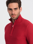 Men's knitted sweater with spread collar - red V8 OM-SWZS-0105