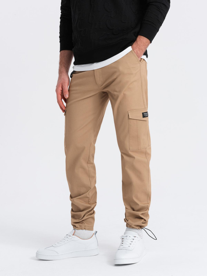 Men's pants with cargo pockets and leg hem - warm brown V2 OM-PACG-0189