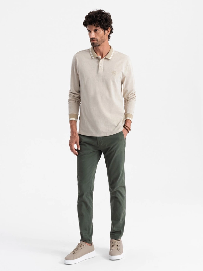 Men's melange polo longsleeve with embroidery - sand melange V4 OM-POLS-0129