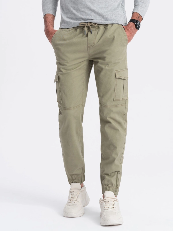 Pánske nohavice JOGGERY s cargo vreckami na zips - khaki V1 OM-PAJO-0123