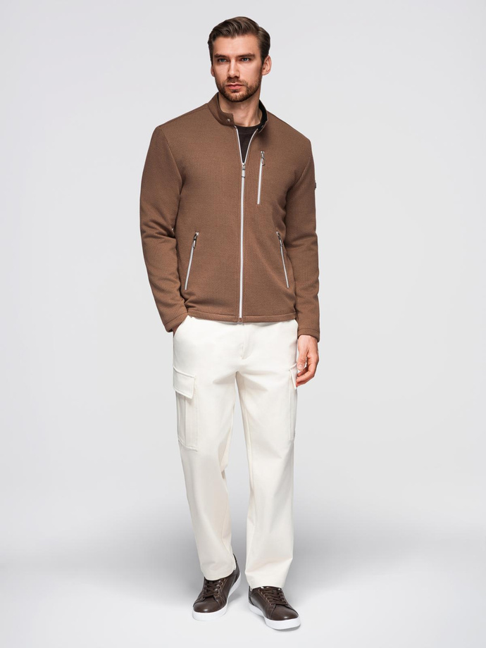 Men's structured biker jacket with stand-up collar - brown V2 OM-JANP-0229