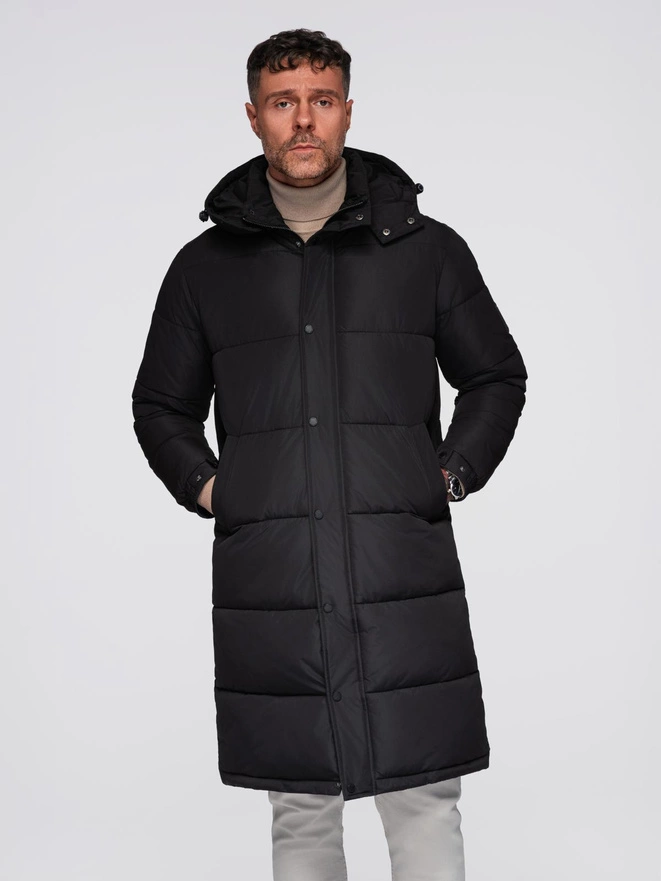 Men's long quilted winter jacket with hood - black V1 OM-JALJ-0309