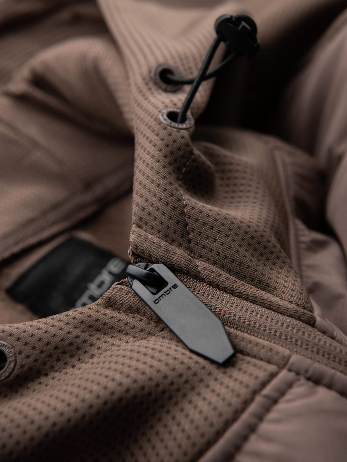 Men's lightweight jacket of combined materials with hood and decorative quilting - light brown V2 OM-JANP-0160
