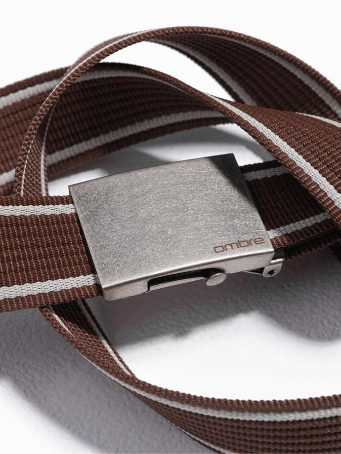 Two-tone men's parchment belt with horizontal stripes border - brown A820