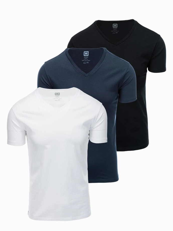 BASIC men's V-neck cotton t-shirt set - black/white/blue V1 OM-TSBS-0233