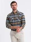 Men's checkered flannel shirt with pockets - gray-yellow V1 OM-SHCS-0149
