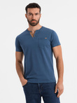 Men's T-shirt with button neckline and suede trim - dark blue V2 OM-TSCT-0206