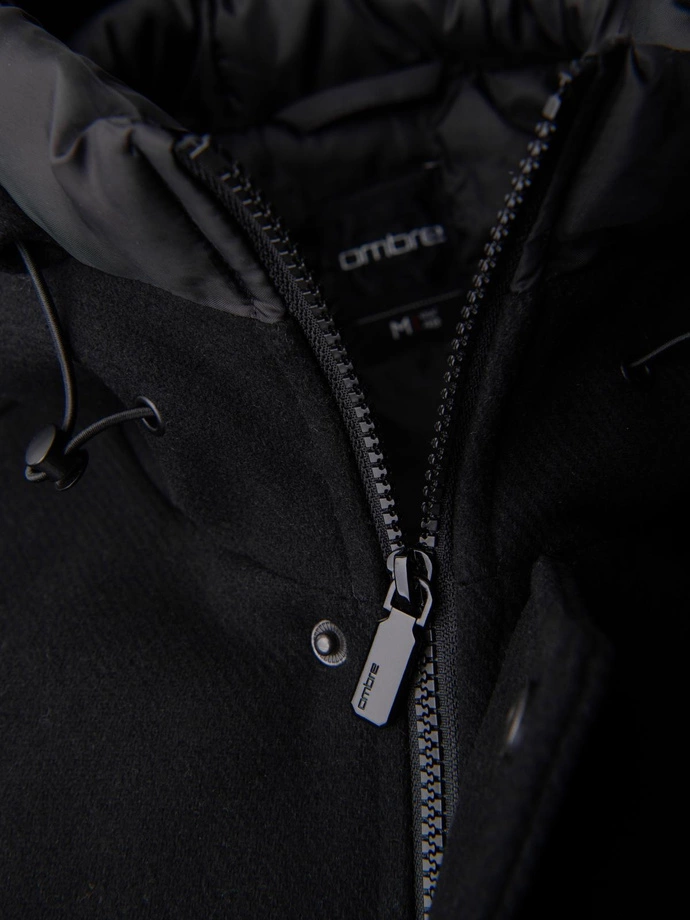 Pánský vlněný kabát parka s kapucí - černý V1 OM-COWC-0132