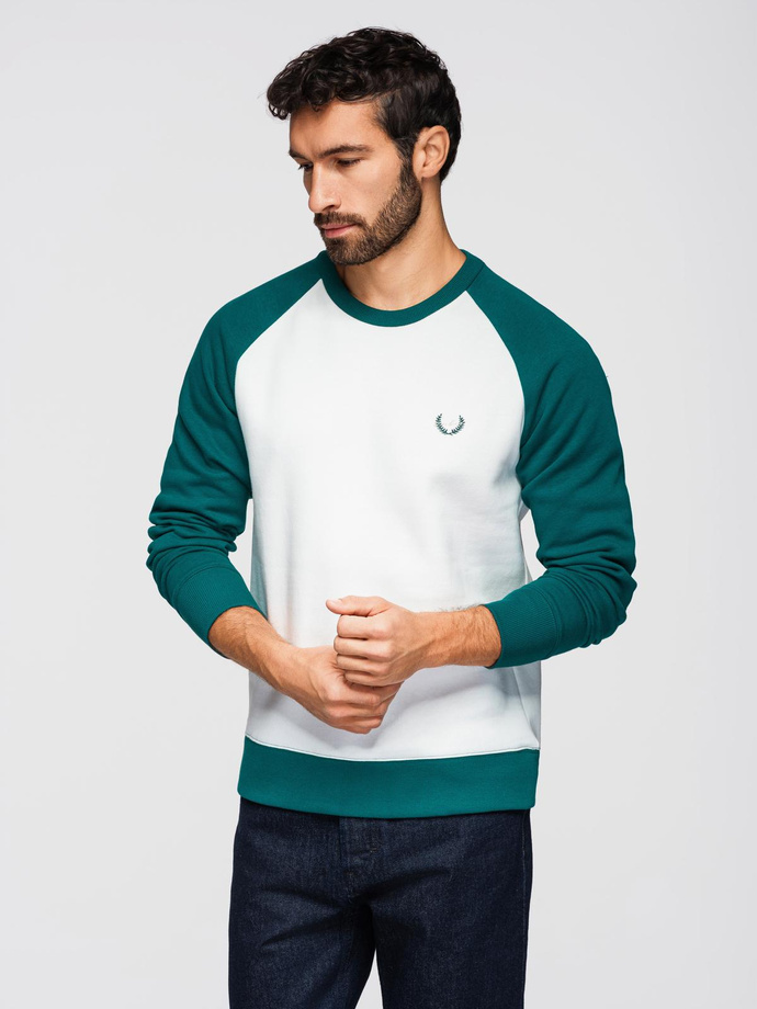 Men's contrast sweatshirt with reglan sleeves - cream and dark green V1 OM-SSNZ-0239