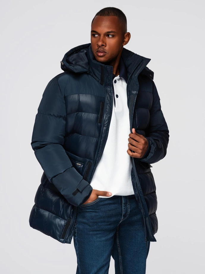 Vyriška dygsniuota kombinuotos medžiagos striukė su gobtuvu - tamsiai mėlyna V3 OM-JALJ-0266