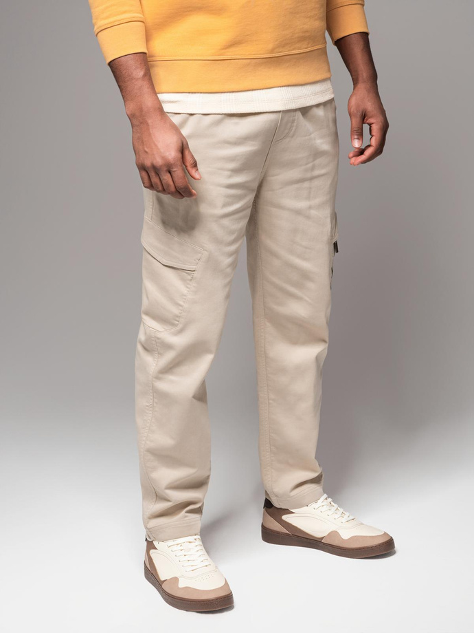 Pantalon sport tricotat pentru bărbați cu buzunare cargo - crem V1 OM-PAJO-0199