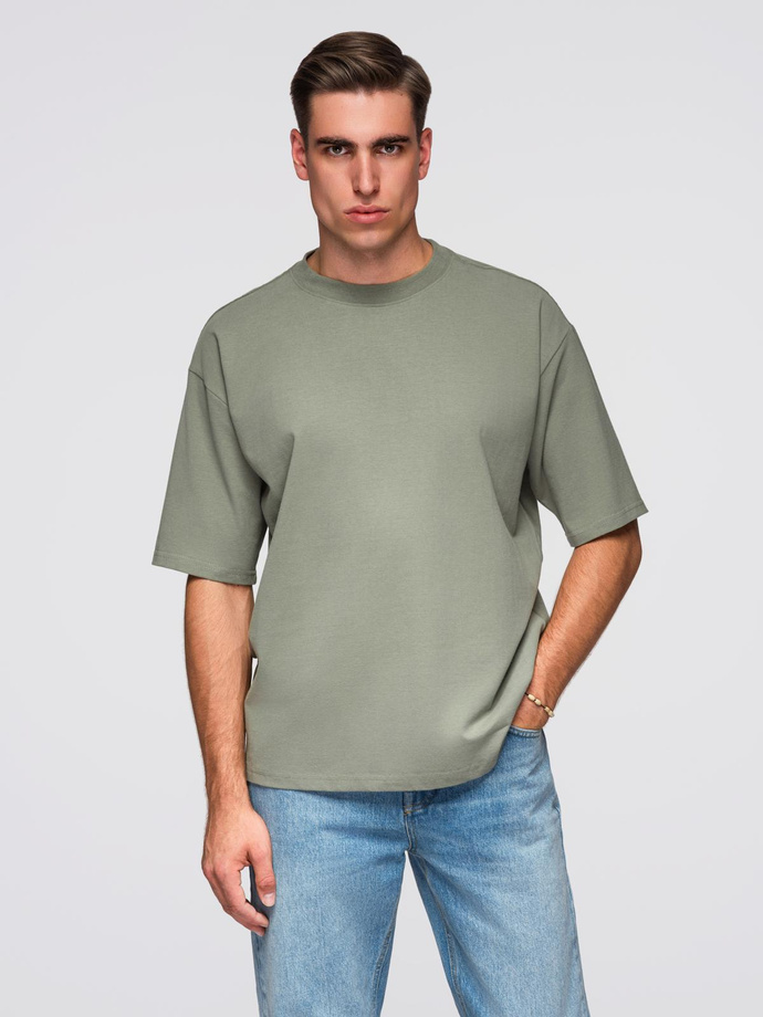 Pánské bavlněné tričko LOOSE FIT s kulatým výstřihem - khaki V8 OM-TSBC-0234