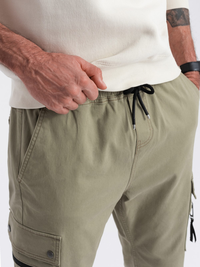 Vyriškos JOGGER kelnės su užtrauktukais ir krovininėmis kišenėmis - chaki V1 OM-PAJO-0125