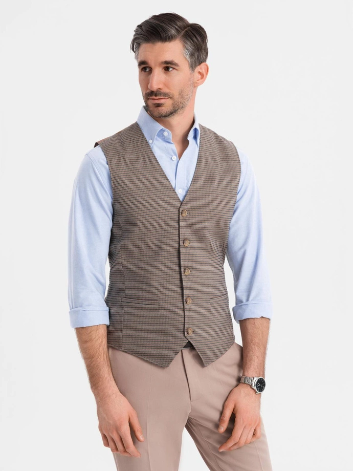 Jilet casual jacquard pentru bărbați fără rever - maro V1 OM-BLZV-0111