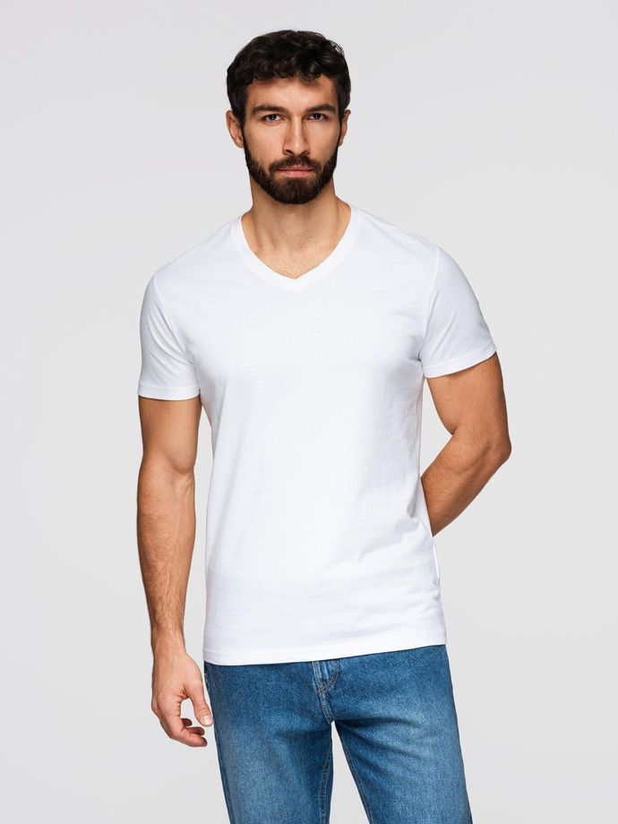 Bumbac clasic pentru bărbați BASIC tricou cu guler în V - maro V10 OM-TSBS-0145