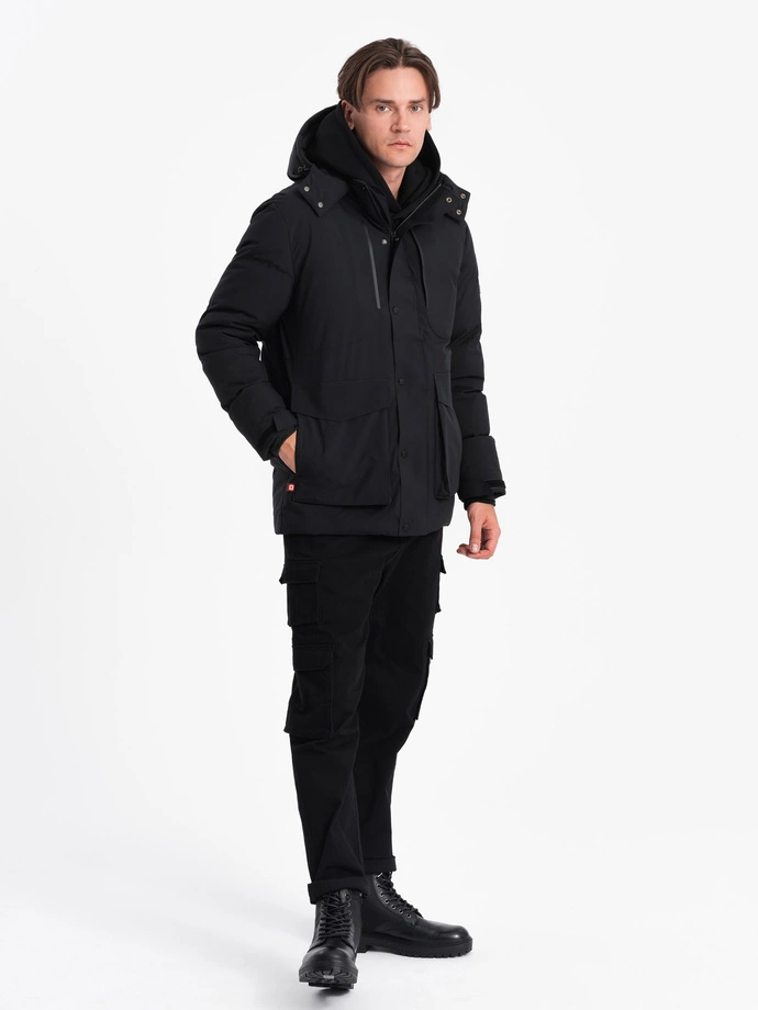 Men's winter jacket with detachable hood and cargo pockets - black V3 OM-JAHP-0152