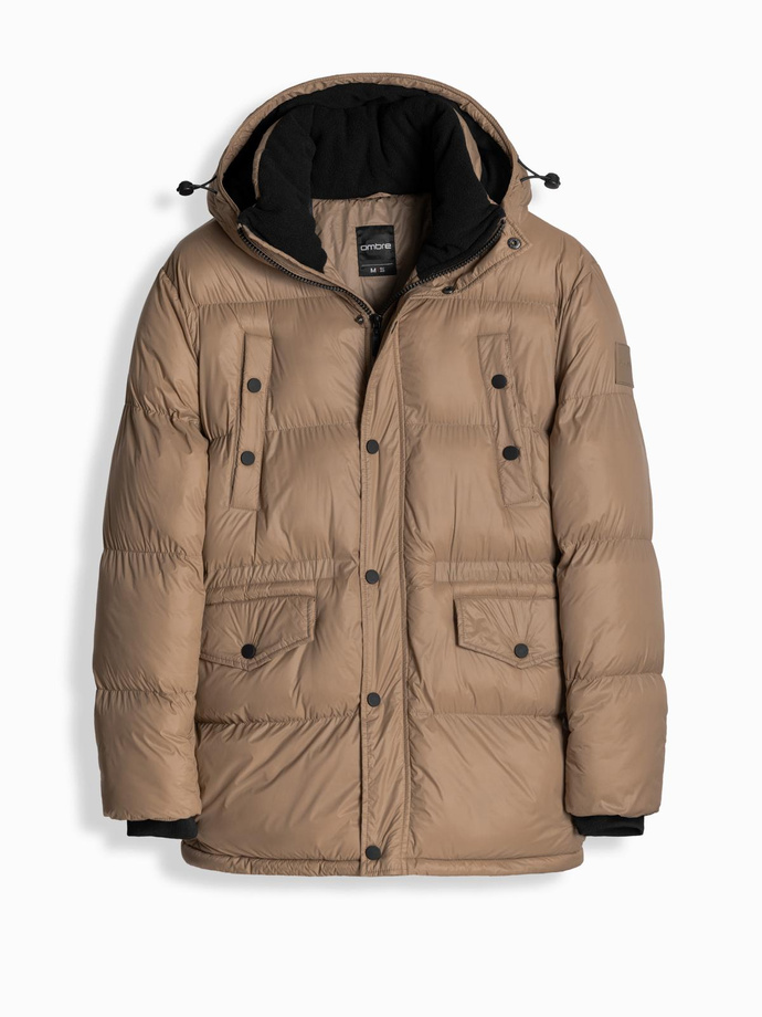 Jachetă puffer lungă pentru bărbați cu buzunare cu fermoar - maro V2 OM-JALJ-0186
