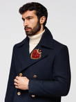Men's double-breasted coat with wool and decorative appliqués - V1 navy blue OM-COWC-0149