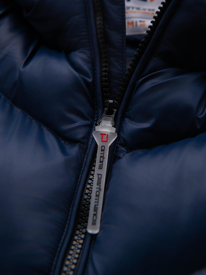 Jachetă matlasată modernă pentru bărbați din materiale combinate - albastru marin V2 OM-JAHP-0303