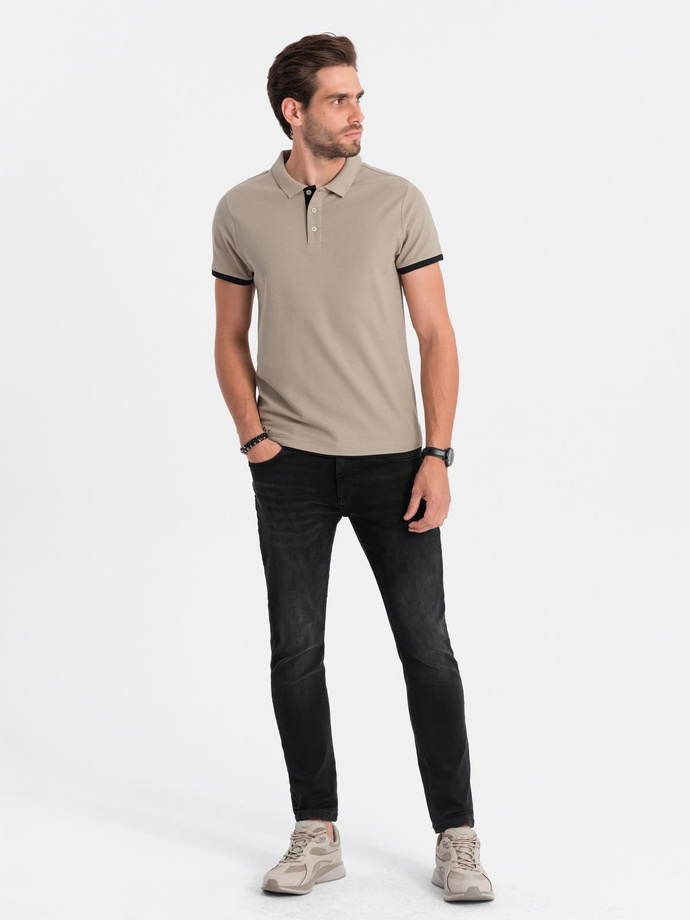 Tricou polo bărbătesc din bumbac cu ornamente contrastante - bej închis V5 OM-POSS-0113
