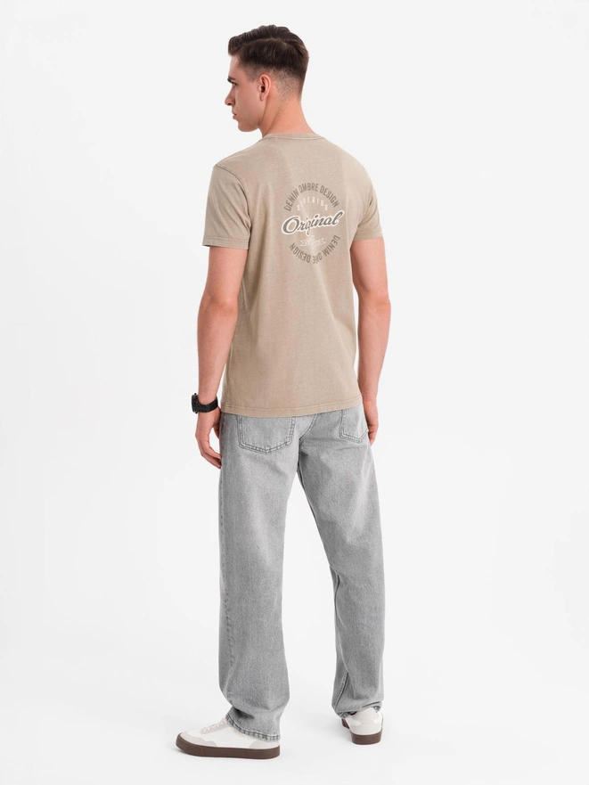 Cotton T-shirt with print on chest and back - dark beige V2 OM-TSWT-0201