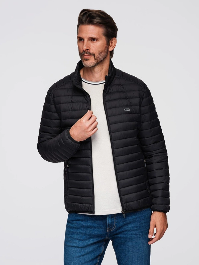 Men's quilted jacket with high zipped hood - black V1 OM-JAHP-0238