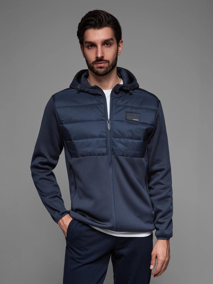 Men's lightweight jacket of combined materials with hood and decorative quilting - navy blue V4 OM-JANP-0160