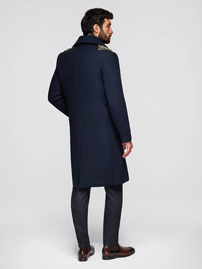 Men's double-breasted coat with wool and decorative shoulder applications - V1 navy blue OM-COWC-0150