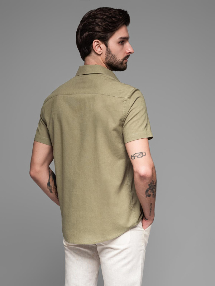Men's short sleeve cotton and linen shirt with pocket - olive V6 OM-SHSS-0167