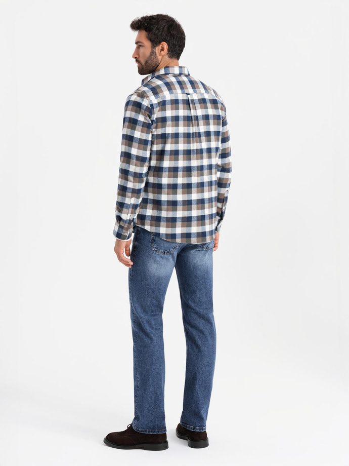Classic men's flannel check cotton shirt - brown and navy blue V1 OM-SHCS-0157