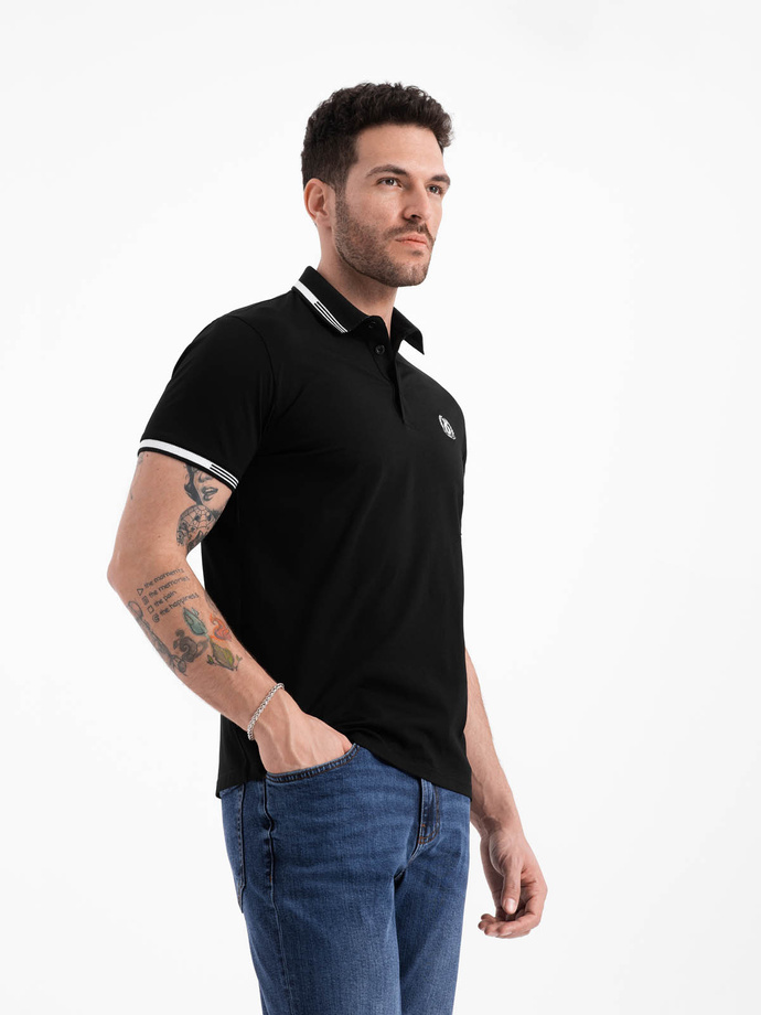 Pánské elastanové polo tričko s kontrastními prvky - černé V2 OM-POSS-0123