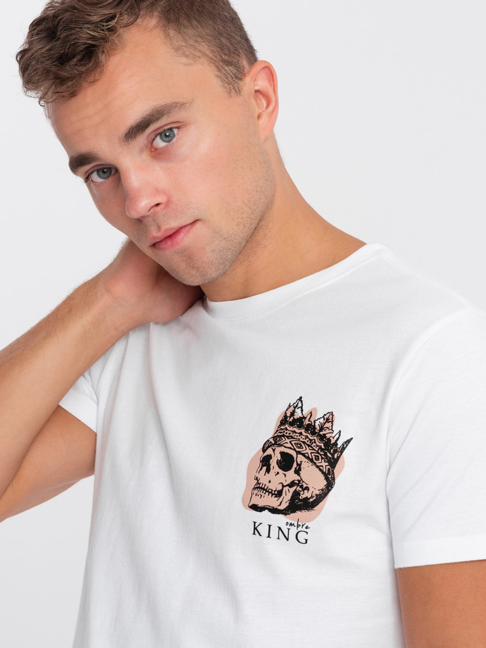 Vyriški medvilniniai marškinėliai su spauda ant krūtinės - balti V3 OM-TSPT-0167