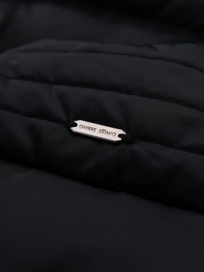 Men's quilted jacket with gloss and stand-up collar - black V1 OM-JALP-0218