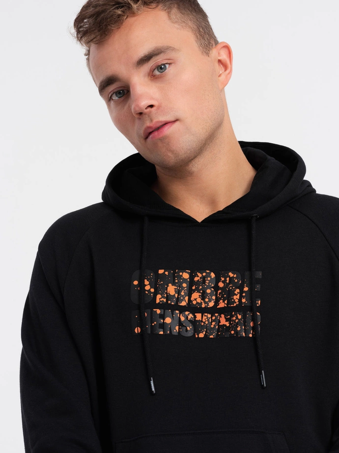 Men's kangaroo sweatshirt with hood and print - black V2 OM-SSPS-0155